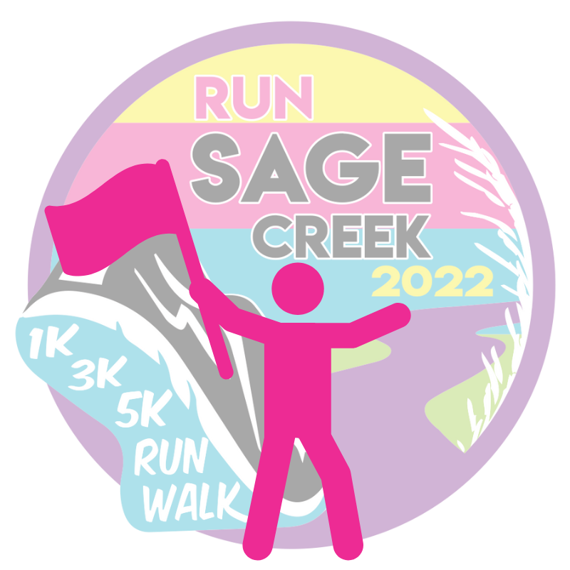 pink silhouette of a stick person holding a flag in their upraised hand in front of a faded Run Sage Creek logo