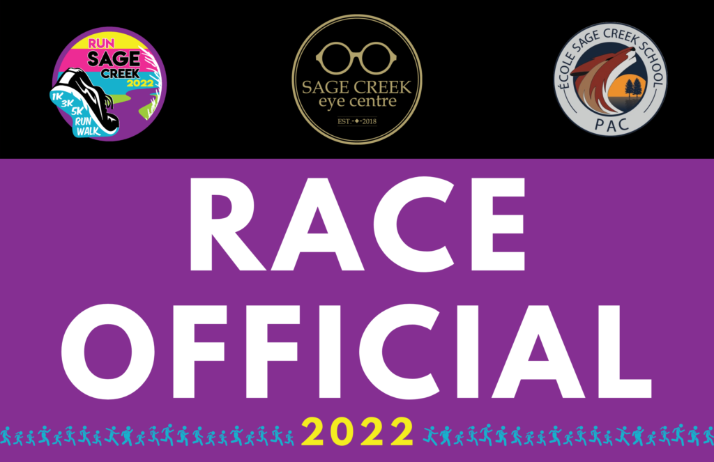 Purple race bib with the Run Sage Creek, PAC, and Sage Creek Eye Centre logos. White letters say race official